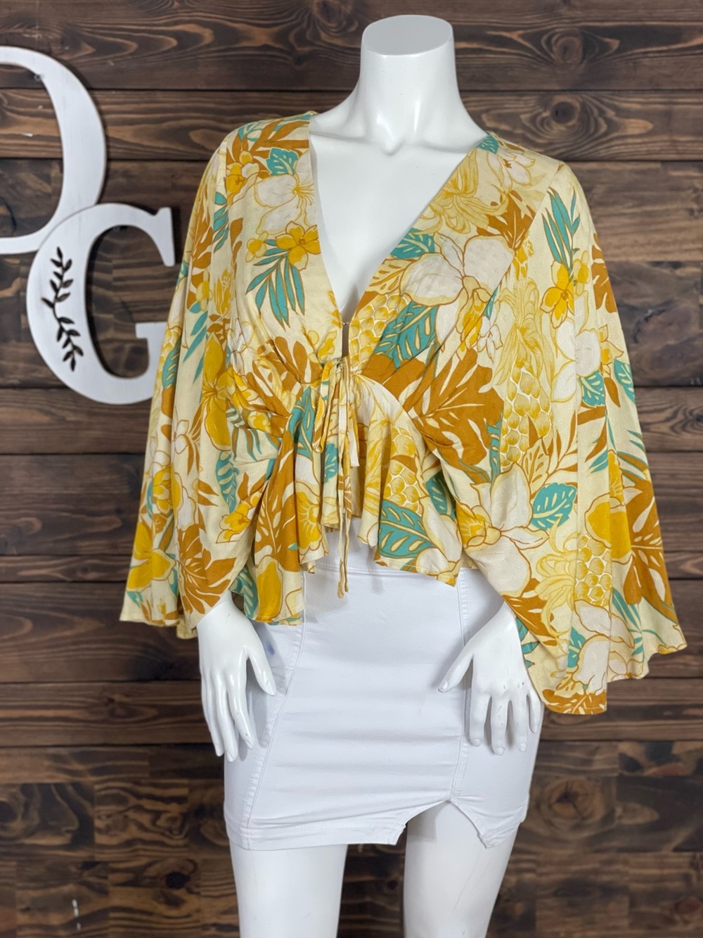 Band of the Free | Mad Love Floral Tie-Front‎ Batwing Top Mustard Teal Peplum